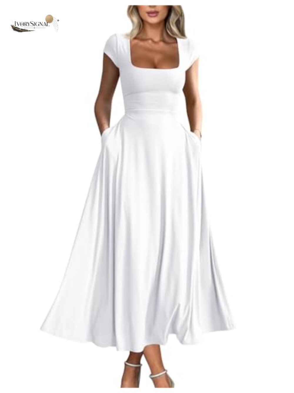 Women's Casual Short Sleeve Square Neck Flowy Maxi Dress with Pockets